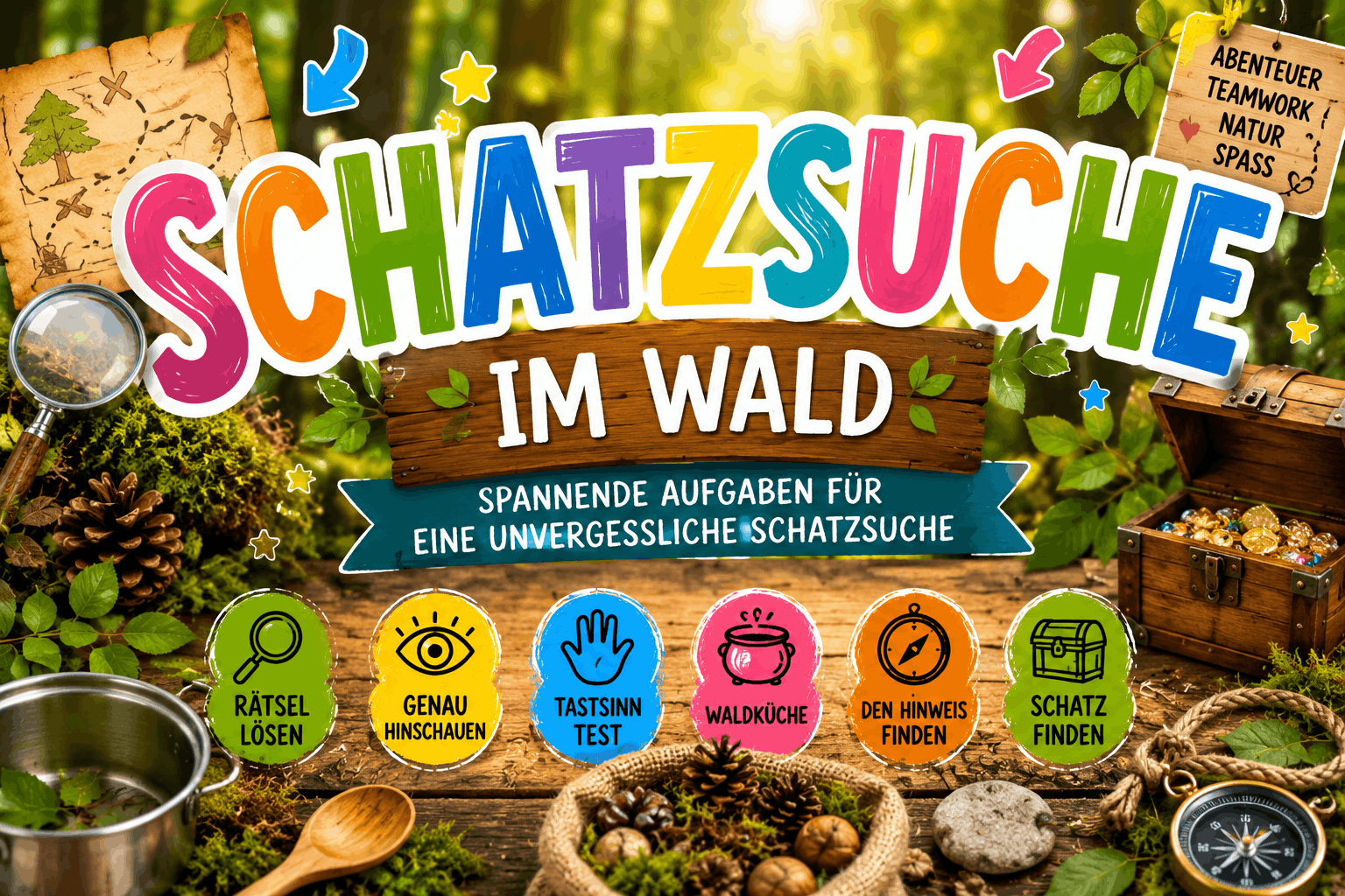 Schatzsuche im Wald mit spannenden Aufgaben