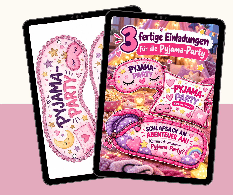 3 fertige Einladungen zur Pyjama-Party